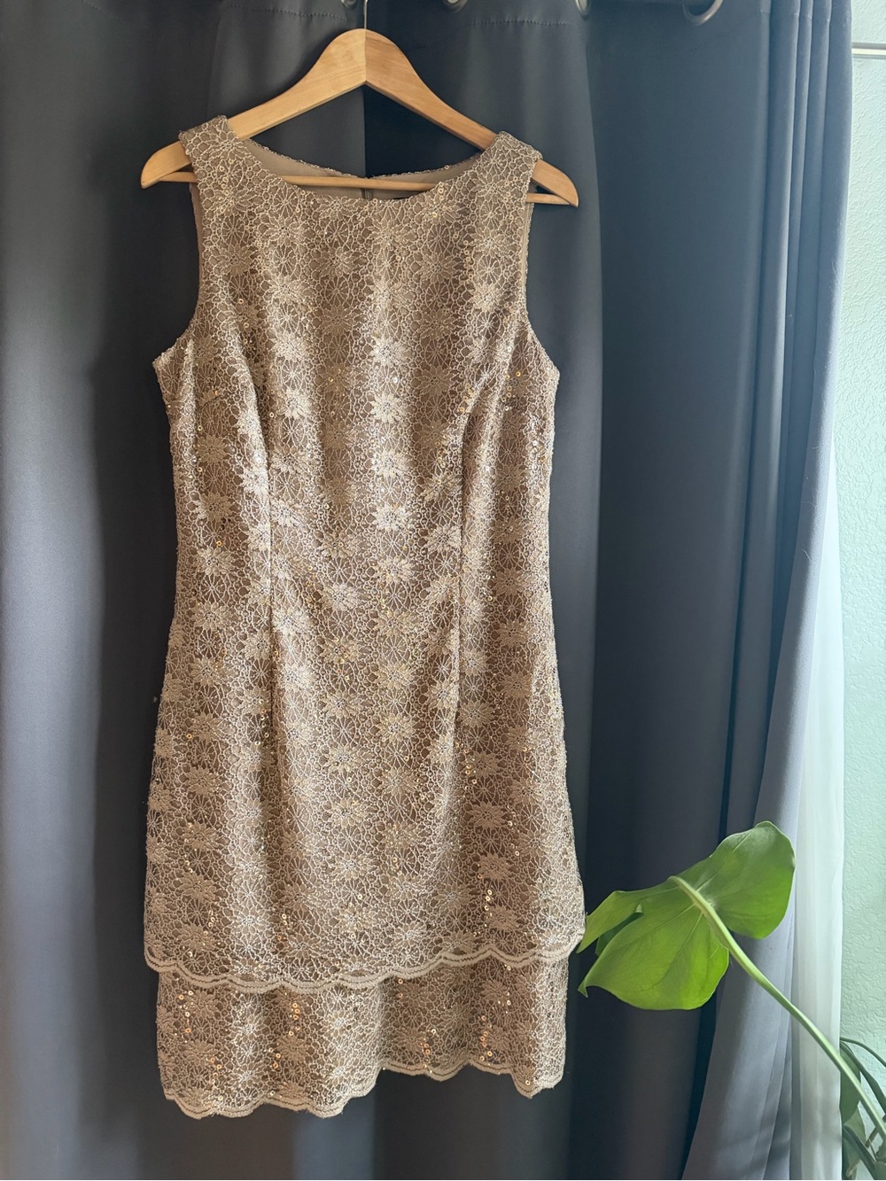 Metallic Lace Sheath Dress in Gold